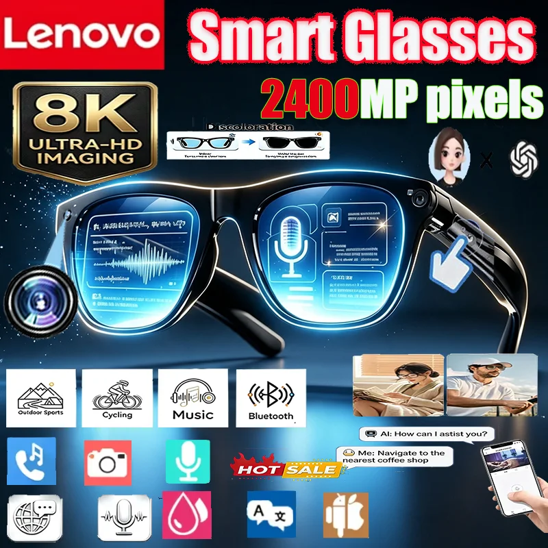 Lenovo 8K AI Glasses Multi-functional Anti-shake Smart Glasses 2400MP Photochromic Shooting 290mah Large Battery Sunglasses NEW