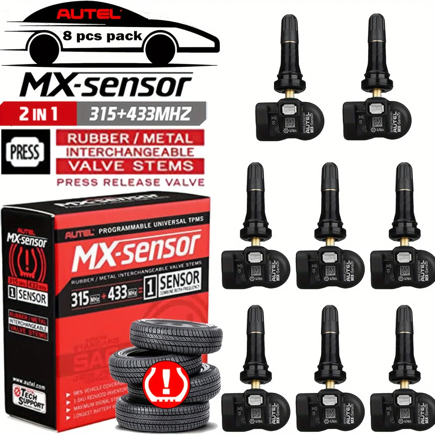 

Autel TPMS Sensors MX Sensor Set of 8 Universal Tire Sensors Operating on Dual Frequencies of 315Mhz And 433Mhz. The Autel