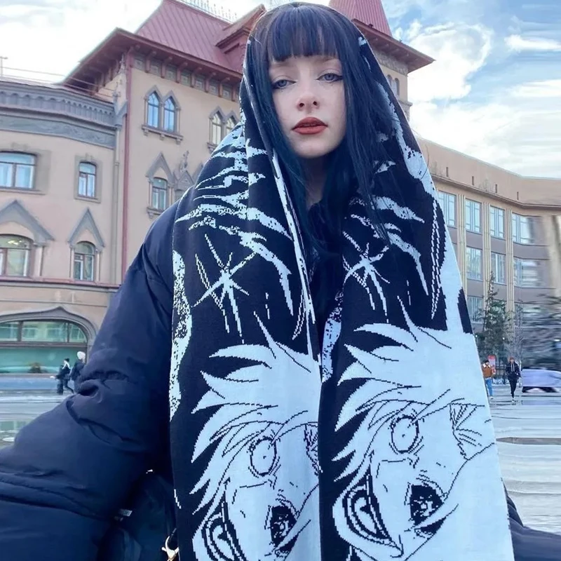 Women's scarf winter Fashion Japanese Creative Saycool cartoon printing knitted scarf Kpop Gothic hip hop Y2K black scarf