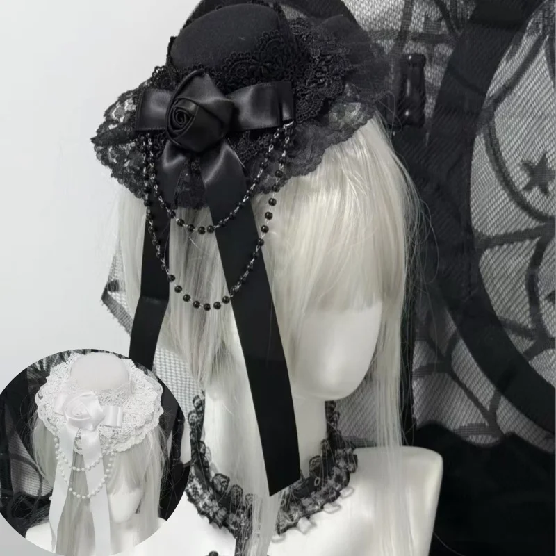 

New Original Handmade Gothic Dark Top Hat Subculture Lace Bow Small Hat Harajuku Y2K Chain Hat Hair Clip Accessory