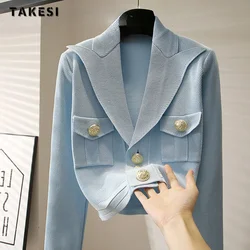 Cárdigans de punto de manga larga con cuello en V para mujer, suéter elegante de estilo francés, azul claro, otoño e invierno, 2023