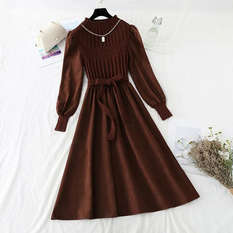 Eleganti donne solide vestono moda coreana mezzo collo alto manica a sbuffo giuntura abiti in maglia autunno Vintage velluto a coste muslimah