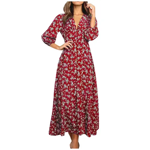 Maxivestido de manga larga con estampado Floral para mujer, traje holgado informal de cintura alta, bohemio, para playa