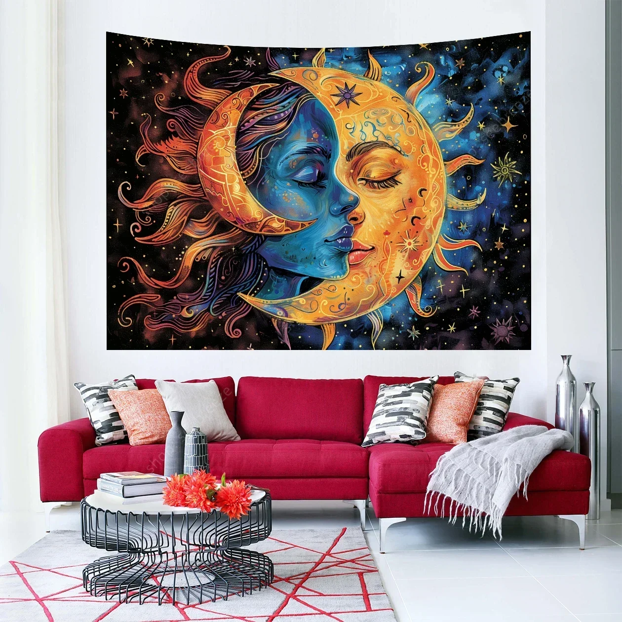 Sun and Moon Tapestries Burning Sun with Star Psychedelic Mystic Wall Art Aesthetic Wall Decor Wall Art for Bedroom, Dorm Decor