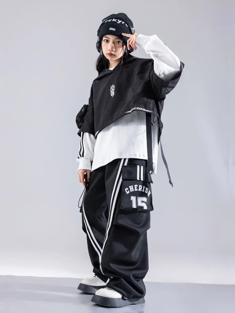 Jongens hiphopkleding witte tops zwarte cape zwarte zakken cargobroek voor meisjes kinderen jazzdans kostuum kledingset