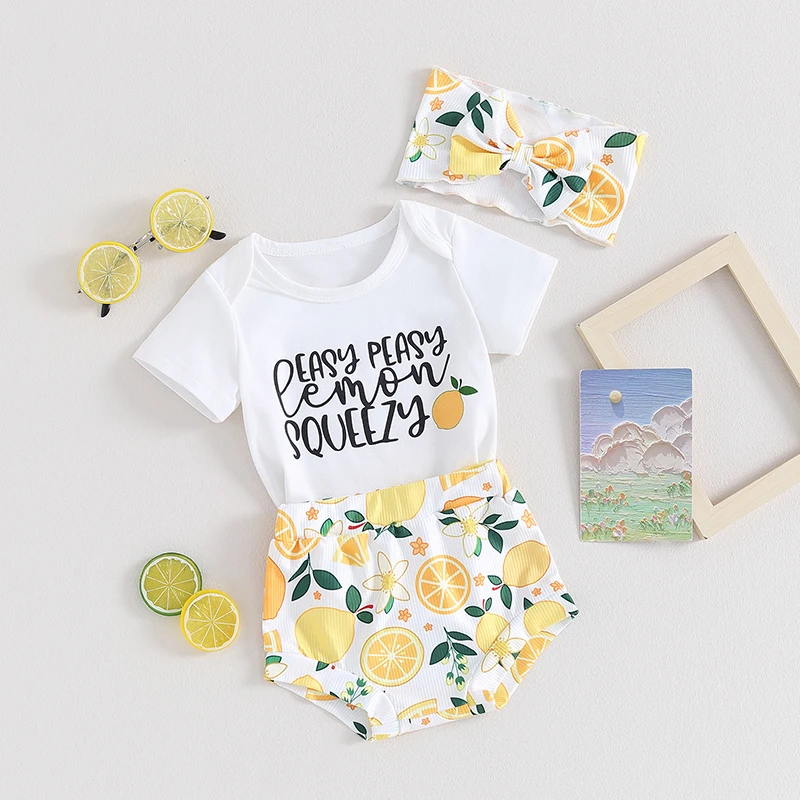 

0-18M Baby Girls Shorts Set Summer Short Sleeve Letters Print Romper Top and Lemon Print Shorts with Hairband for Newborn Infant