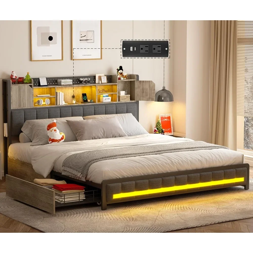 

Queen Size Bed Frame with 4 Storage Drawers and Bookcase Headboard, LED Light, Type-C & USB Charging Station, Bed Frame