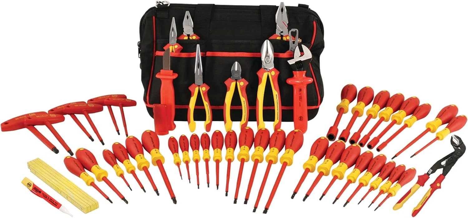 

Insulated Tool Set with Pliers, Cutters, Nut Drivers, Screwdrivers, T Handles, Knife, Ruler and Voltage detector, 50 Piece Set