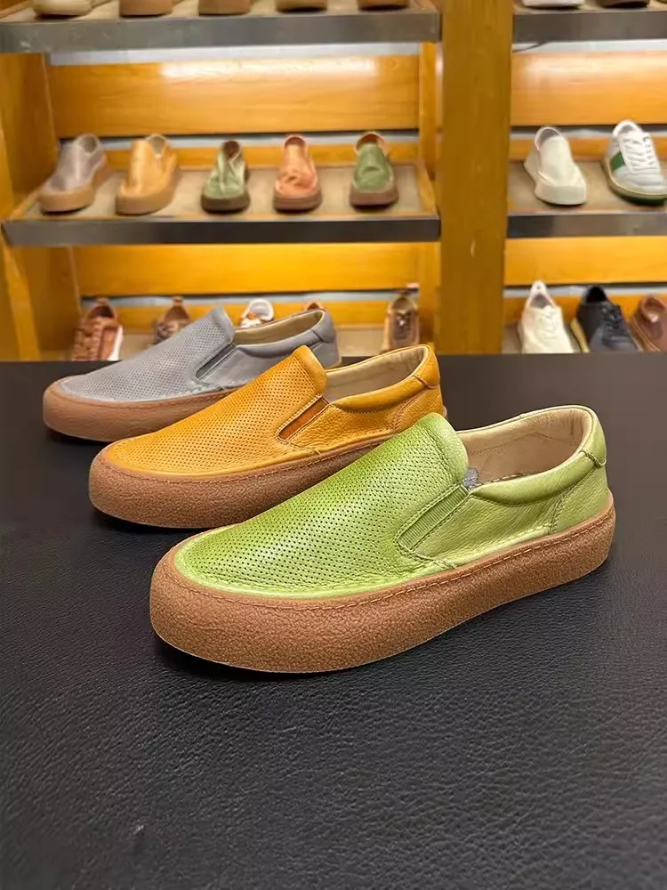 Spring Summer Casual Shoes Fashion Breathable Comfortable Solid Color Mens Flat Platform Shoes Slip-On Genuine Leather Loafers