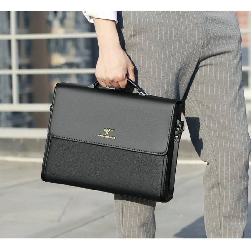 Business PU Leather Briefcases Men Husband Work Handbag Shoulder  Square A4 Document Side 14 Inch Laptop Portable File Bag Male