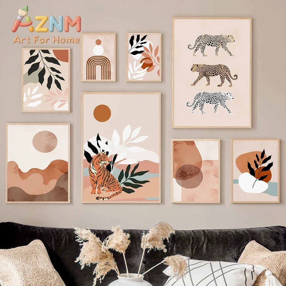 Boho Tiger Leopard Leaves Mountain Sun Landscape Wall Art Canvas Painting Abstract Posters Prints Pictures For Living Room De