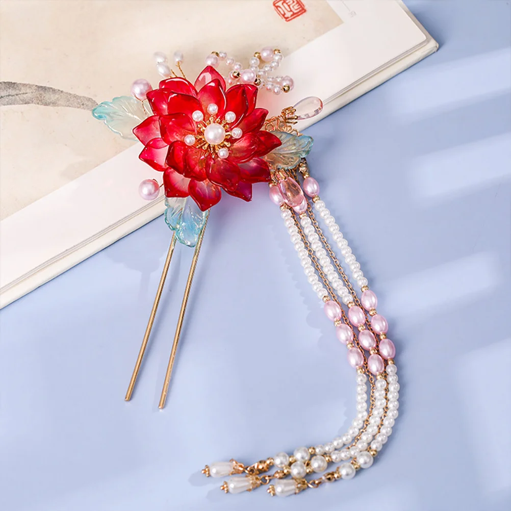 

Red Stick Premium Alloy Tassel Flower Hairpin Retro Chinese Style Metal Bun Fork For Long Thick Hair Wedding Bridal Hair