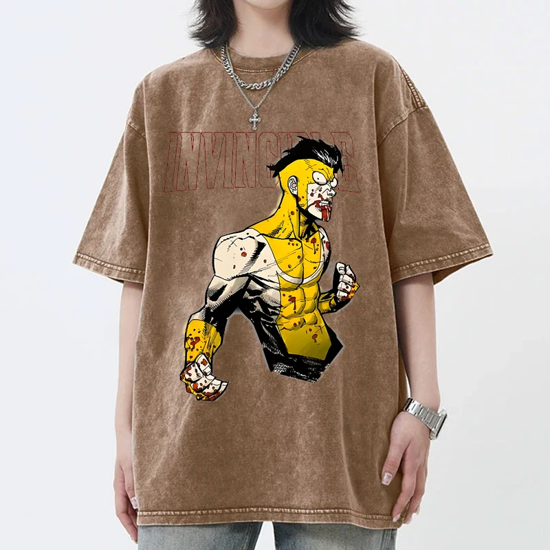 

2025 Men Washed Tshirt Fashion Vintage Invincible Print Oversize T-Shirt Streetwear Hip Hop Harajuku Cotton Tees
