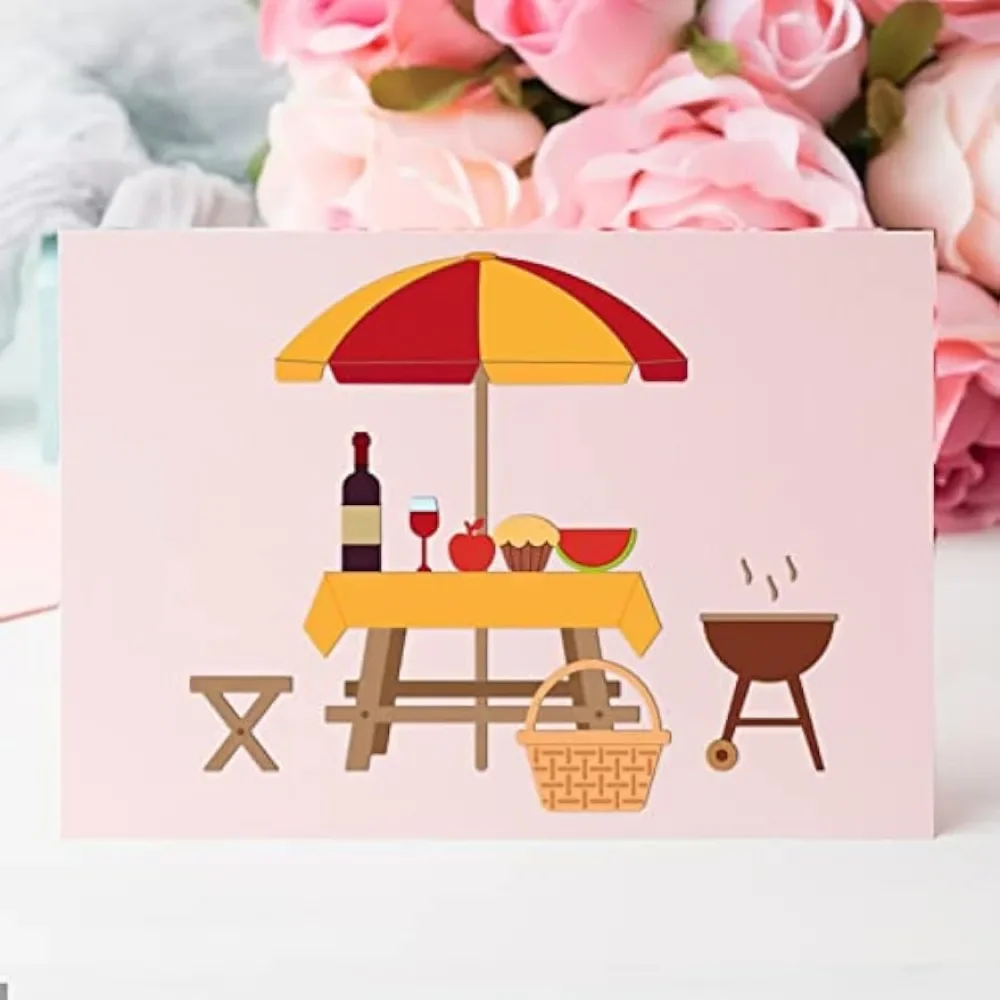 Picnic Table Cutting Morre para Cartão Scrapbooking, Metal Die Cuts, Vinho Tinto, Sol, Guarda-chuva, Pão, Presente de Aniversário