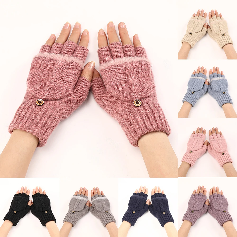 Winter Warm Thickening Wool Gloves Knitted Flip Cover Half Finger Gloves Fingerless Gloves Female Lady Cycling Mittens Unisex