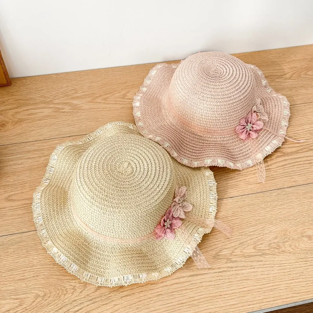 Baby Girls Straw Hat And Shoulder Bag 2pcs Set Summer Flower Beach Bucket Cap Wide Brim Holiday Beach Sun Protection Hats