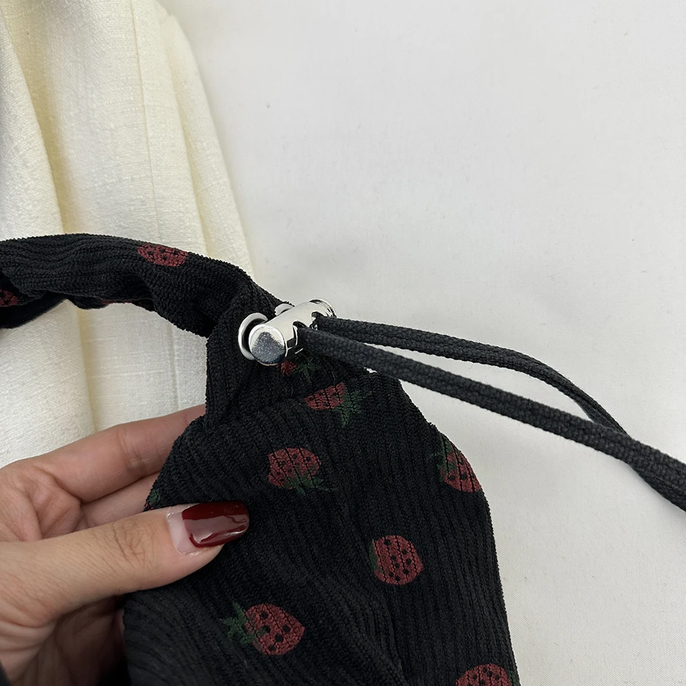 

Women Strawberry Pattern Tote Bag with Ruched Strap Cartoon Shopping Handbag Corduroy Large Capacity Female Travel Casual Bag