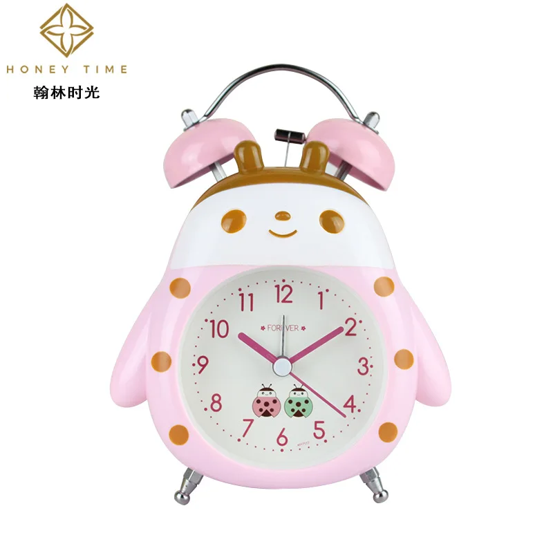 Cartoon Ladybug Ringing Alarm Clock for Children, Student Home, Bedside Silent Scanning Second Night Light Ringing Clock