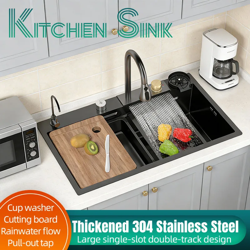 

Большая односекционная двухсекционная кухонная мойка: многофункциональная комбинация с корзиной для слива, разделочной доской, встроенной чашей и выдвижным смесителем