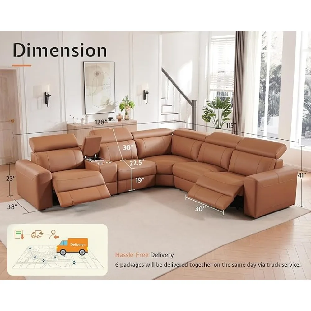 Power Recliner Sofa, Electric Reclining Sofa with Console & Dual Recliner, Leather Sectional Couch for Living Room, Brown