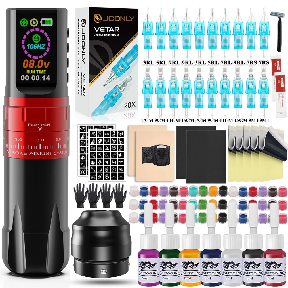 

Complete Rotary Wireless Tattoo Machine Kit Professional Adjustable Stroke Tattoo Pen Set with 20PCS MIX Cartridge Needles Inks