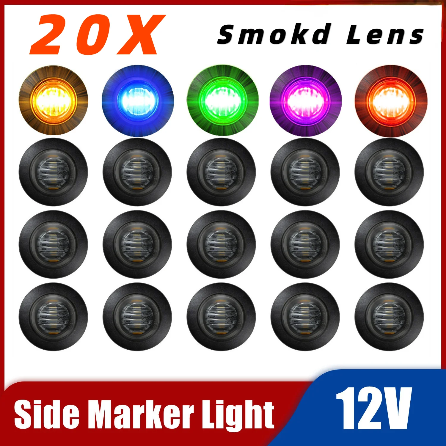 20PCS 12V Smoked Lens Round LED Side Marker Lights Clearance Front Rear Signal Lamp Indicators Waterproof for Truck Trailer Boat