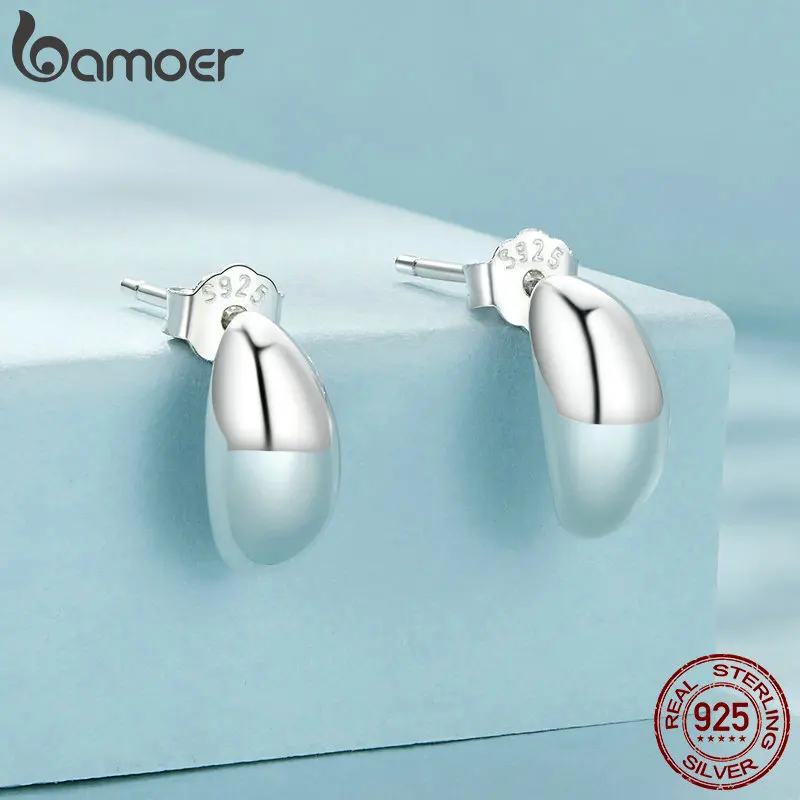 Bamoer 925 Sterling Silver Chunky Comma Stud Earrings Waterdrop Open Hoops Platinum Plated Fashion Fine Jewelry for Women Girls