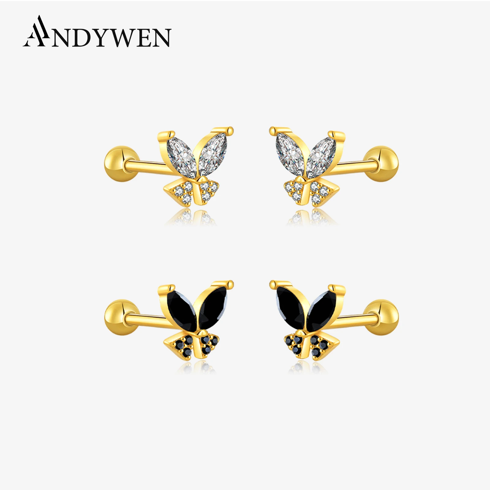 

ANDYWEN 925 пробы серебряные золотые овальные бабочки из циркония серьги-гвоздики из кубического циркония пирсинг зажимы бусины в стиле панк ювелирные изделия в подарок