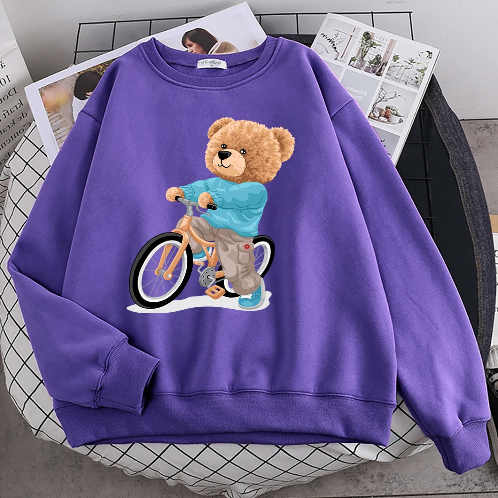 Autumn Woman Pullover A Teddy Bear Wearing A Sweater And Riding A Bicycle Print Hoody Fleece Soft Sweatshirt Loose Warm Tops