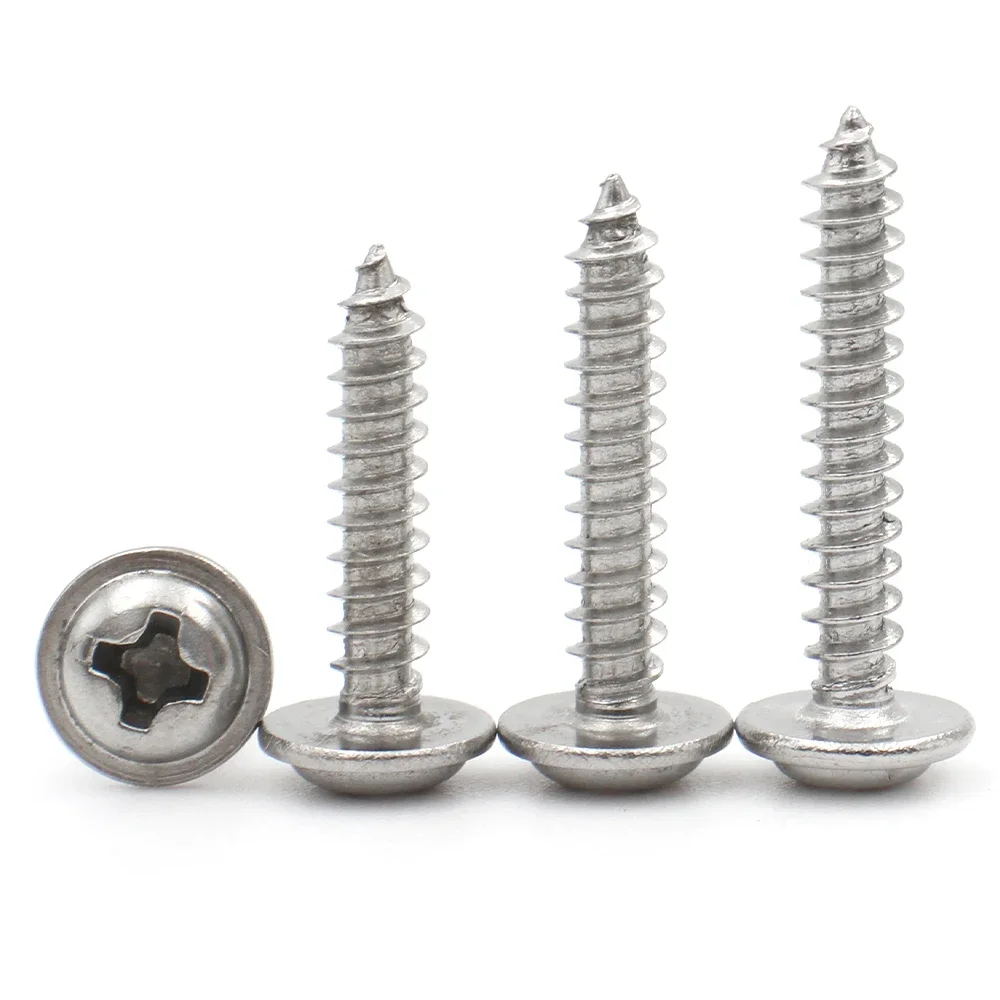 20/50/100/200pcs M1.4 M1.7 M2.6 M3 M3.5 M4 M5 304 Stainless Steel Cross Phillips Pan Round Head with Washer Self-Tapping Screw