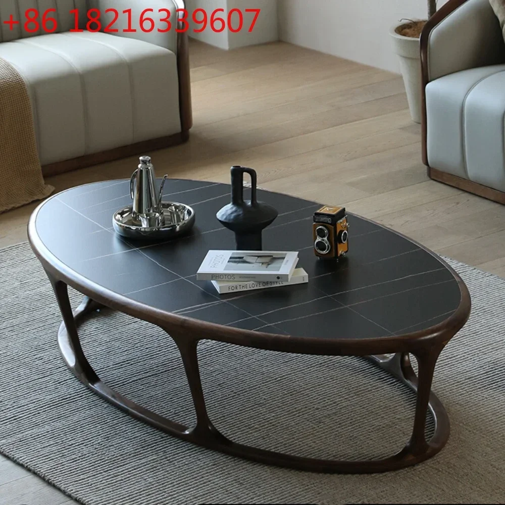 Light Luxury Oval Stone Plate Coffee Table Living Room Log Minimalist Solid Wood Glass Sofa Table