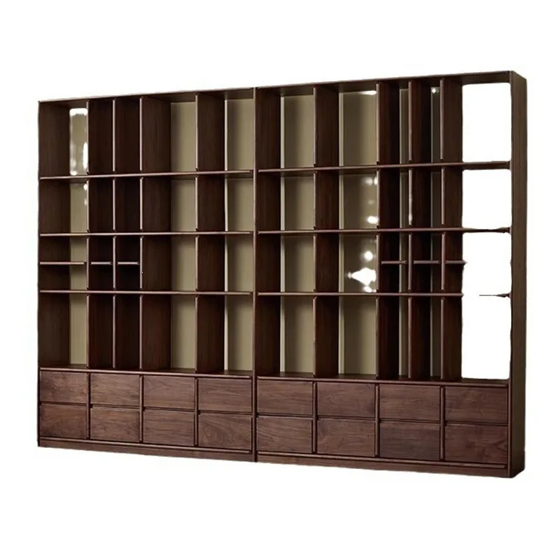 Simple North American black walnut floor-to-ceiling bookshelf, Nordic solid wood whole wall bookcase, cherry wood living room
