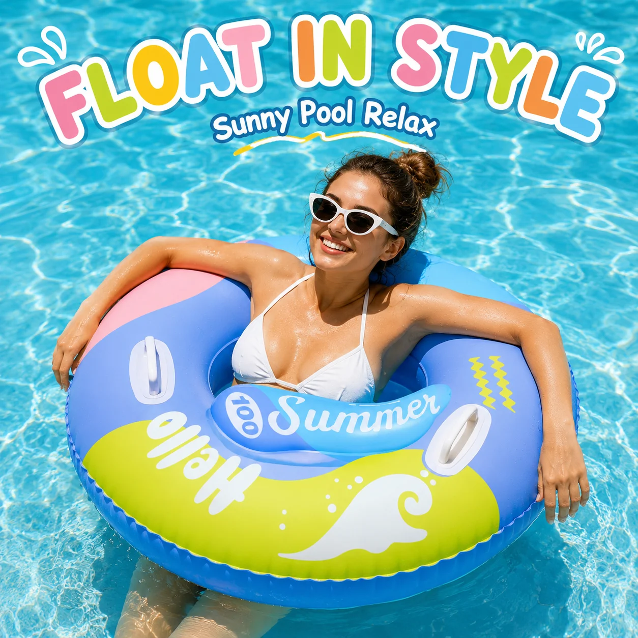 Inflatable Swim Ring with Handles, Adult Pool Floats Tube, Colorful Summer Swimming Ring for Beach Pool Water Fun