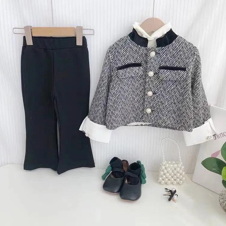 

Girls Suits Small Fragrant Wind Set Spring and Autumn 2024 New Fashion Herringbone Short Top Little Girl Three-piece Set