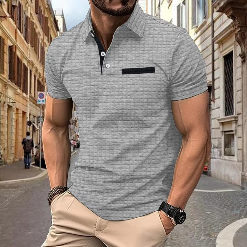 Summer Men's Casual Polo Shirt Fashion Solid Color Lapel Pocket Waffle Jacquard Business Commuter Shirt Outdoor Golf Top