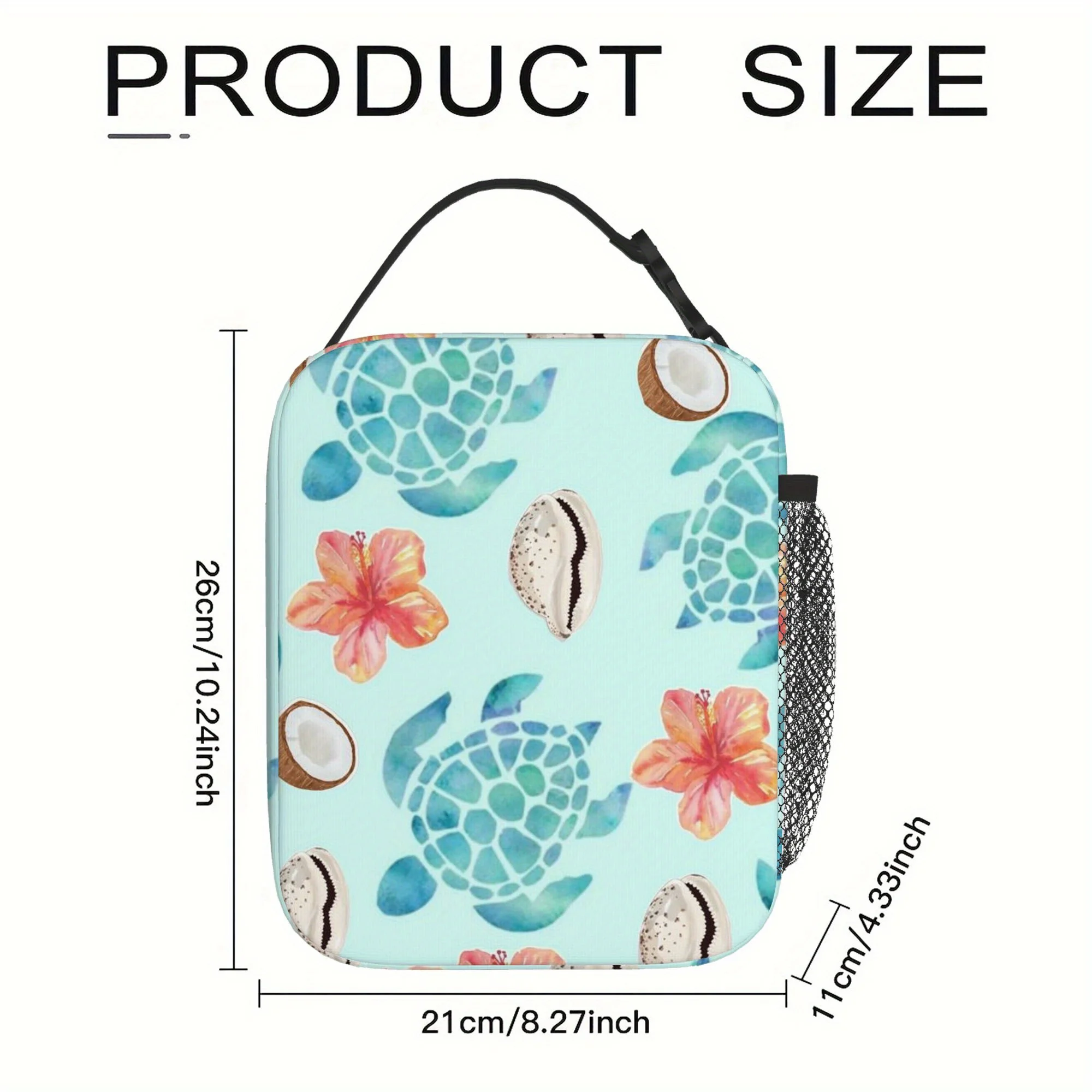 1pc Tropical Sea Turtle Shells Flowers Pattern Printed Thermal Bag Insulation Lunch Box for Home Restaurant Office Unisex
