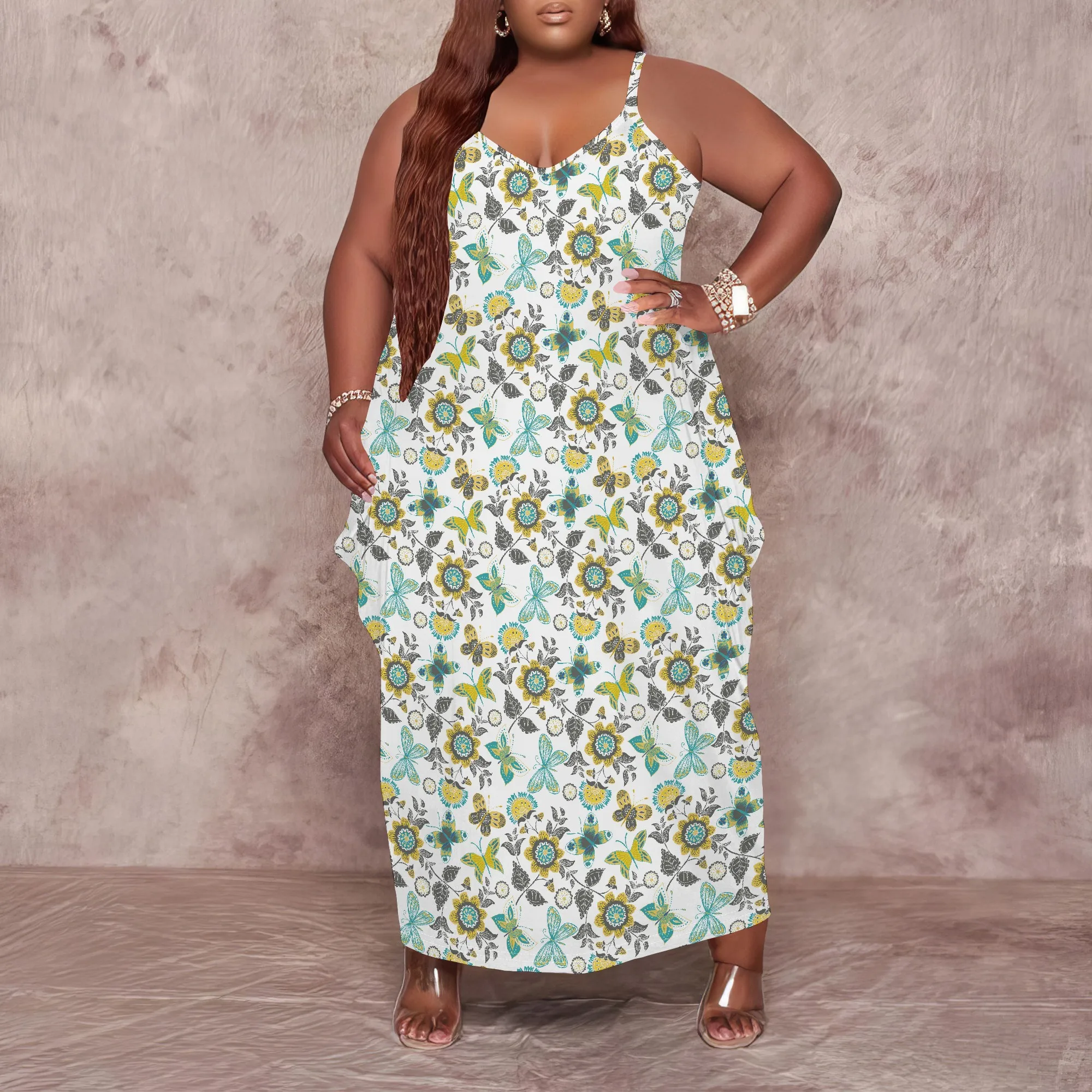 Women's Plus Size Dress Loose Halter Maxi Dress with Pocket Stretchy Y2K Butterfly Print XL-6XL​