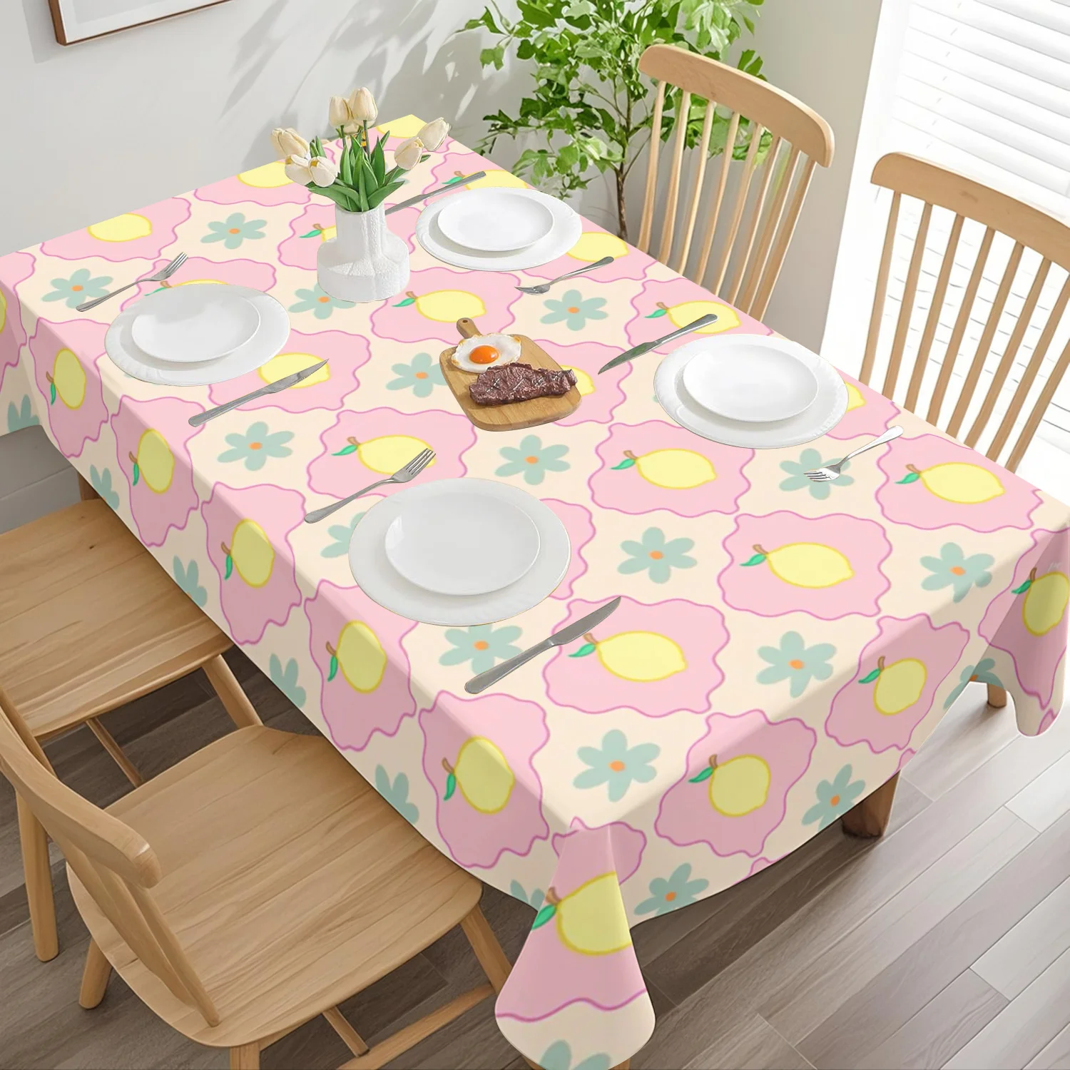 2D Printed 59X59In/150X150Cm Rectangular Lemon Yellow Lace Tablecloth, Rectangular Tablecloth Perfect Holiday Home Decorations, Suitable for Parties, Indoor, Outdoor, Picnics
