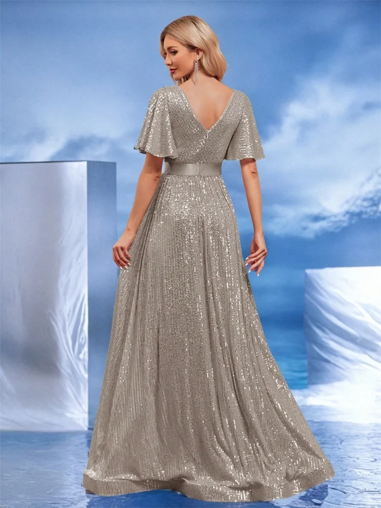 BLUEPLUM Luxury V-Neck Short Sleeves Grey Formal Evening Dress Luxury Women Long Sequins Party Prom Maxi Cocktail Dresses Gown