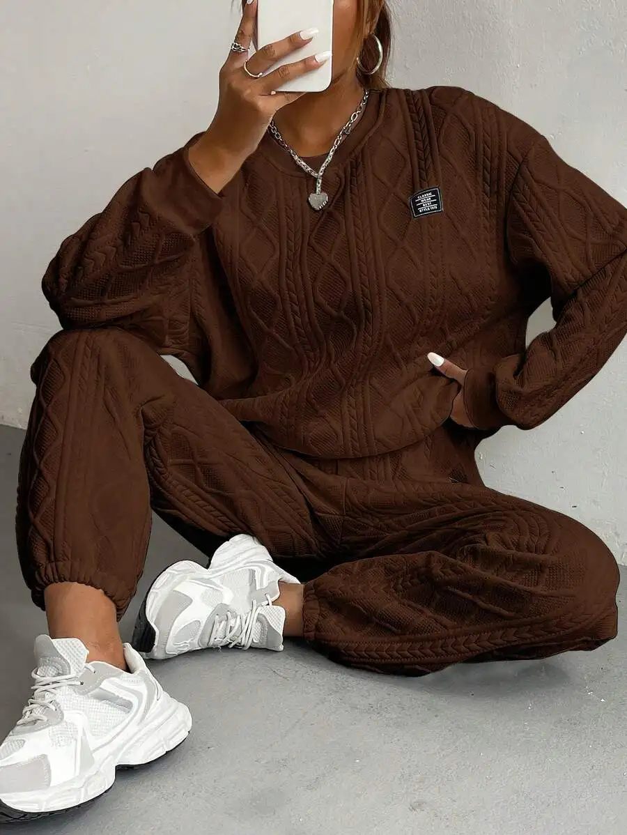 

Brown Cable Knit Two Piece Set Womens Casual Long Sleeve Sweatshirt And Pants