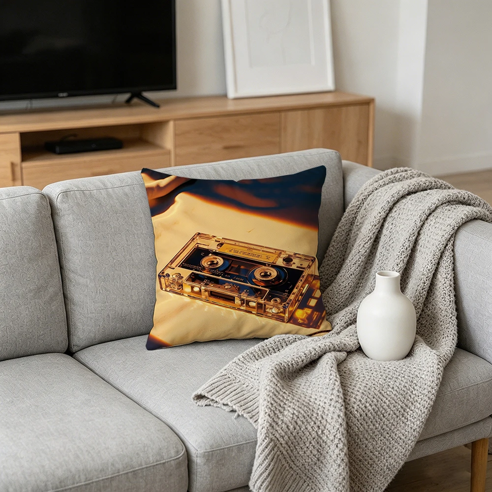 1PC Throw Pillow Cover,Vintage Cassette Tape Print,Retro Music Style,For Sofa Bedroom Couch Home Decor