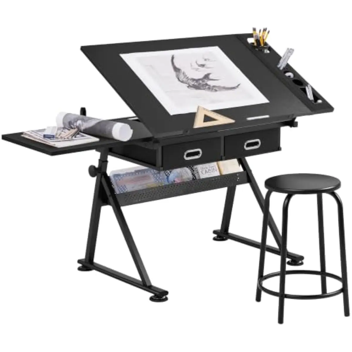 Drafting Desk with Tilt-Adjustable Surface 0–60 Degrees Height Range 69.5–92.5 cm Retractable Side Shelf Laptop Platform Dual Fa view 4