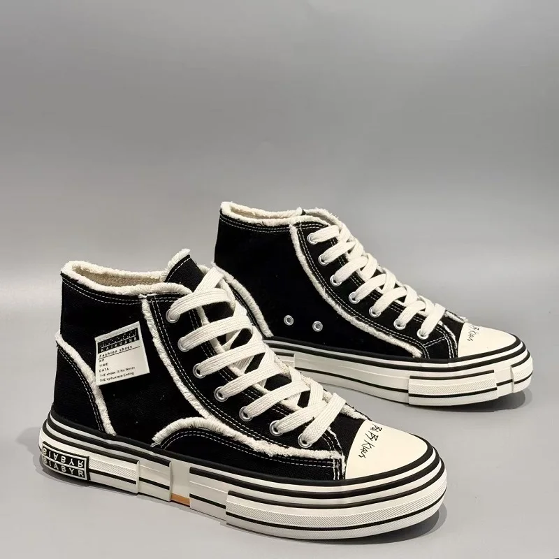 

Retro Black Canvas Shoes Men Spring Summer High top Canvas Sneakers Men Harajuku style Platform Vulcanized Shoe Man Espadrilles