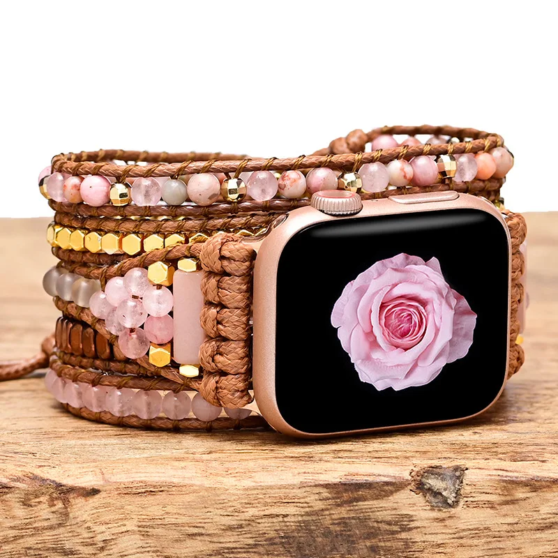 Pulseira de quartzo rosa para apple watch amor e romance rosa cristal boho pulseira de enrolamento tecida à mão para apple watch