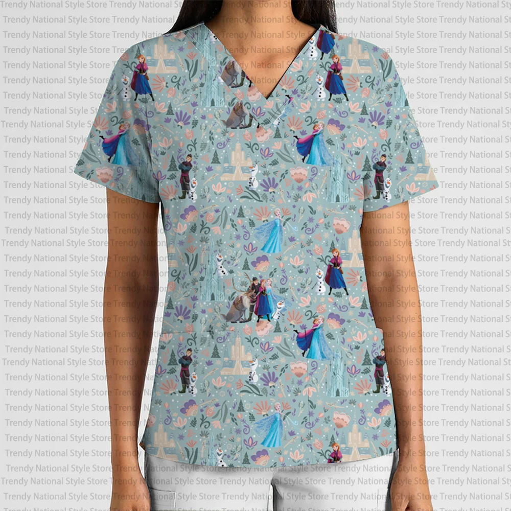 Disney Princess Cartoon Print Hospital Doctor T-shirt New Elegant Women's Work Uniform V-neck Pocket Frosted Top Exquisite