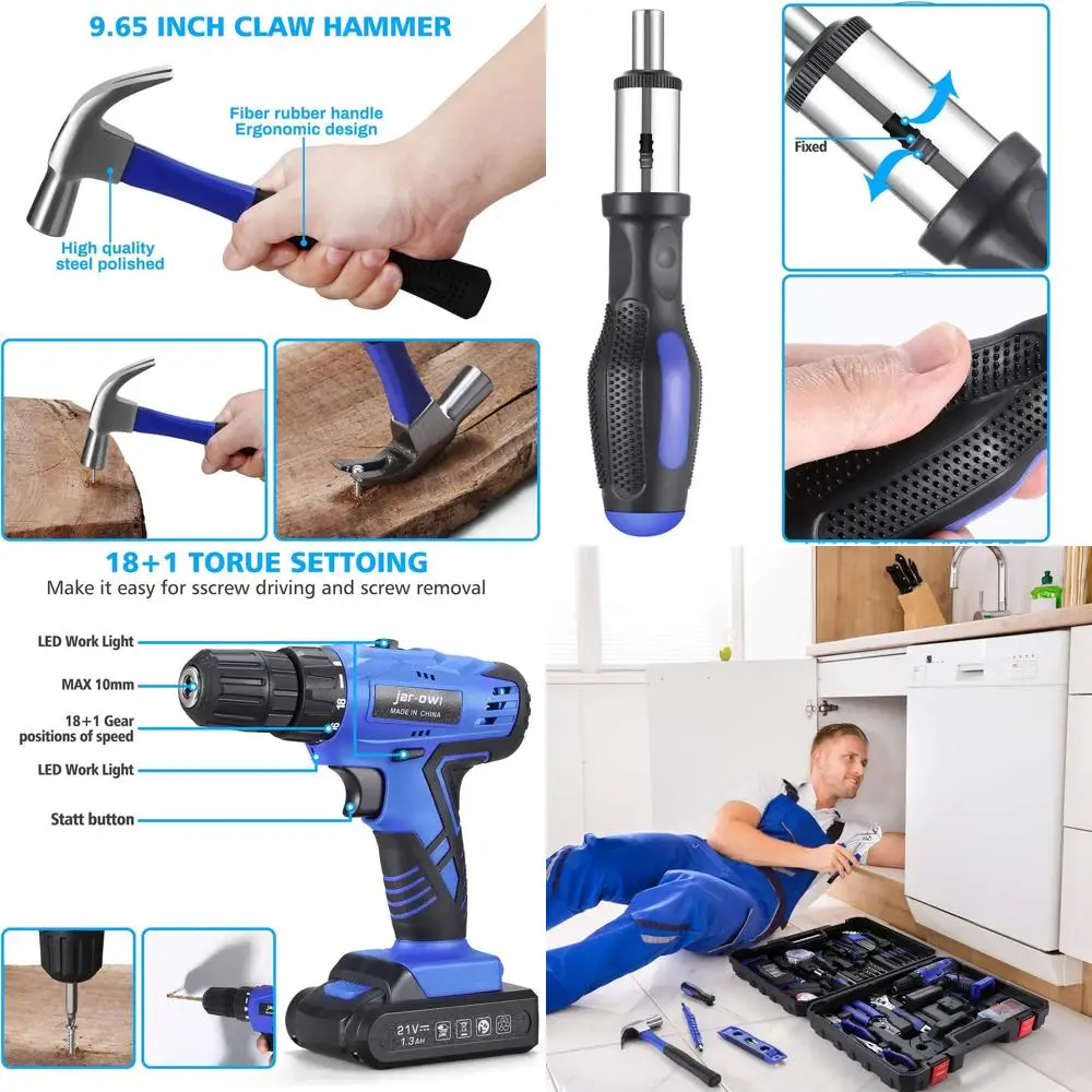 

21V Cordless Drill 112-Piece Power Tool Set for Home, Garden, and Office Repairs - Blue