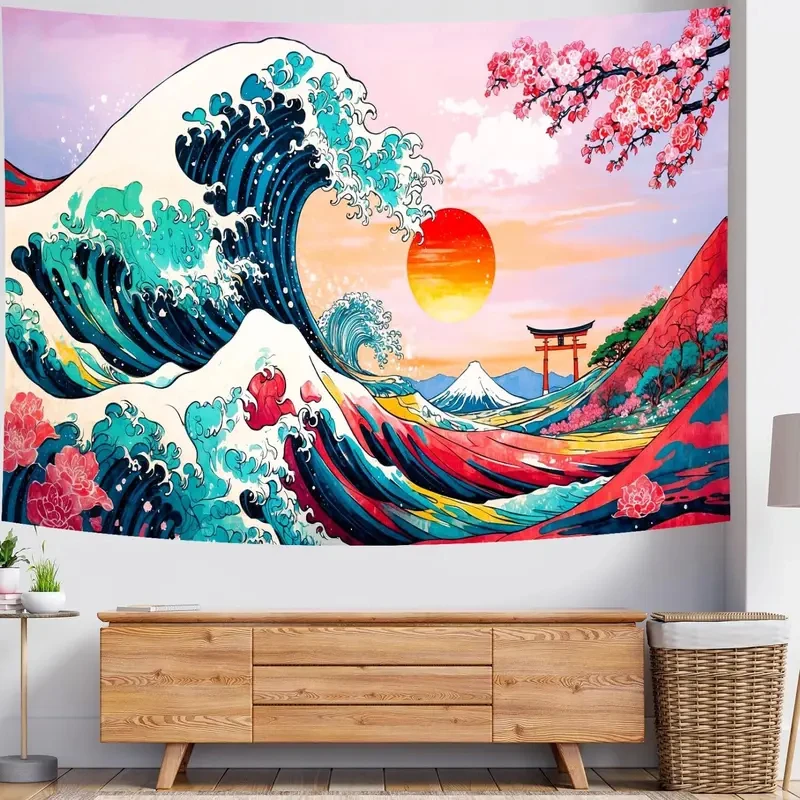 VIKAMA Great Wave Tapestry Japanese Kanagawa Ocean Cherry Blossom Wall Hanging Aesthetic Tapestries for Bedroom Decor