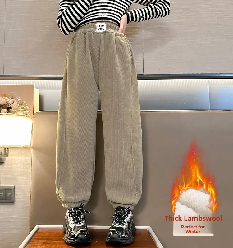 Thiened pele de cordeiro fce meninas calças inverno quente calças casuais das crianças inverno faion commute sle meninas calças compridas