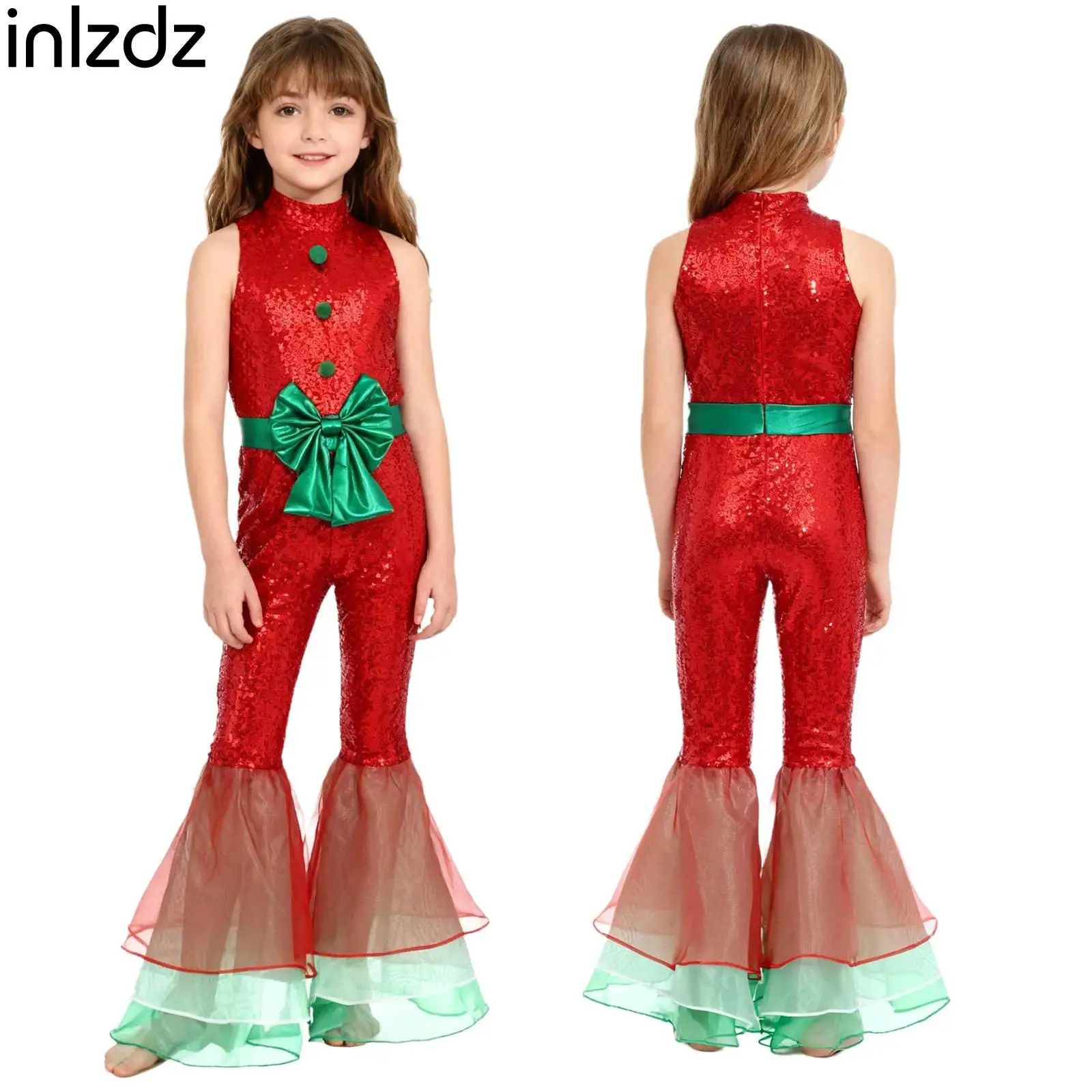 

Teen Girls Sleeveless Sparkly Sequin Pompom Bowknot Tiered Flared Legs Jumpsuit for Christmas Holiday Festival Birthday Party