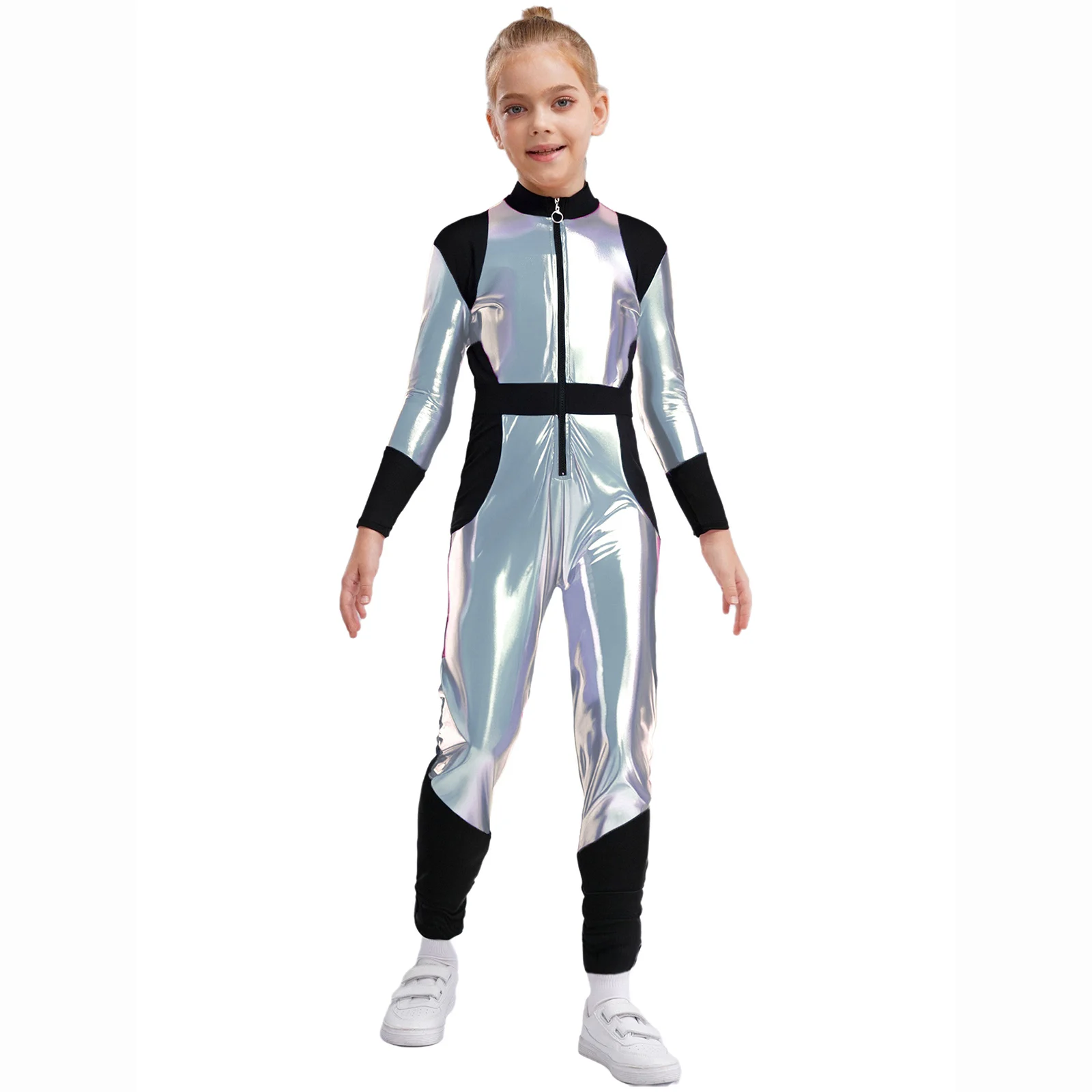 

Long Sleeves Metallic Jumpsuit Halloween Alien Astronaut Cosplay Costume Athletic Outer Space Role Play Bodysuits